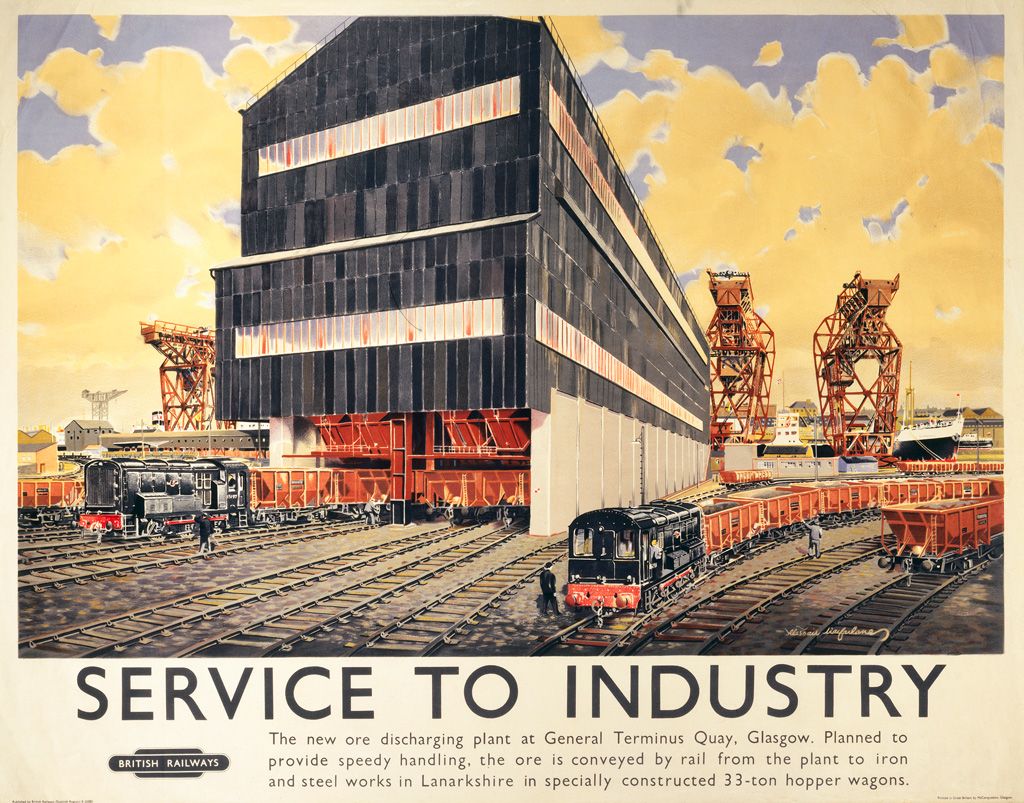 Poster produced for British Railways showing a new ore discharging plant in Glasgow