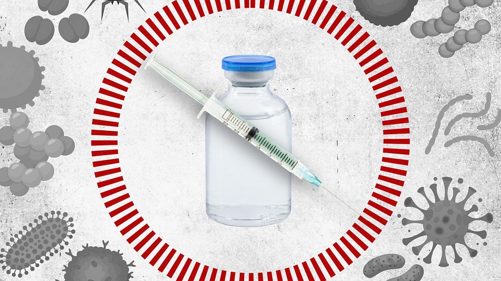Illustration of a syringe and a vial of vaccine on the background of different viruses