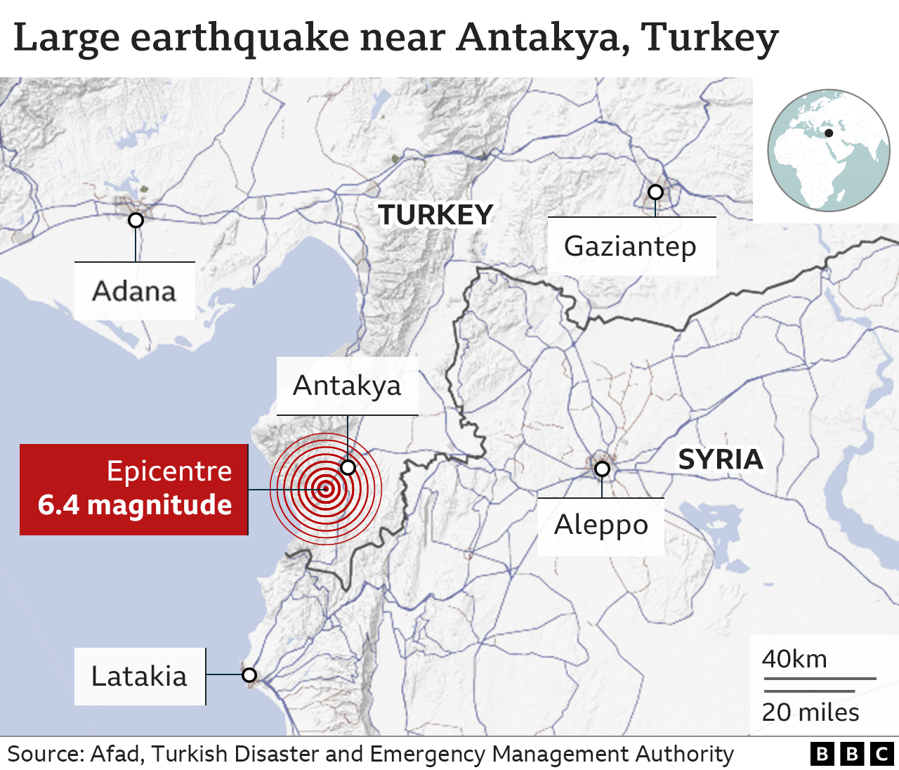 A map showing where the latest Turkey earthquake struck