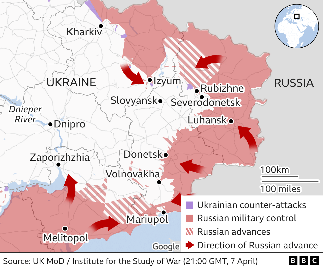 Map showing east Ukraine. Updated 8 April