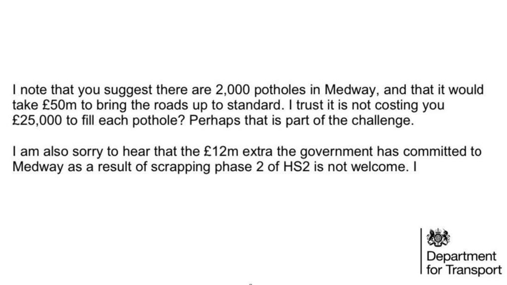 A close up of some text in a letter sent by the department for transport to Medway Council 
