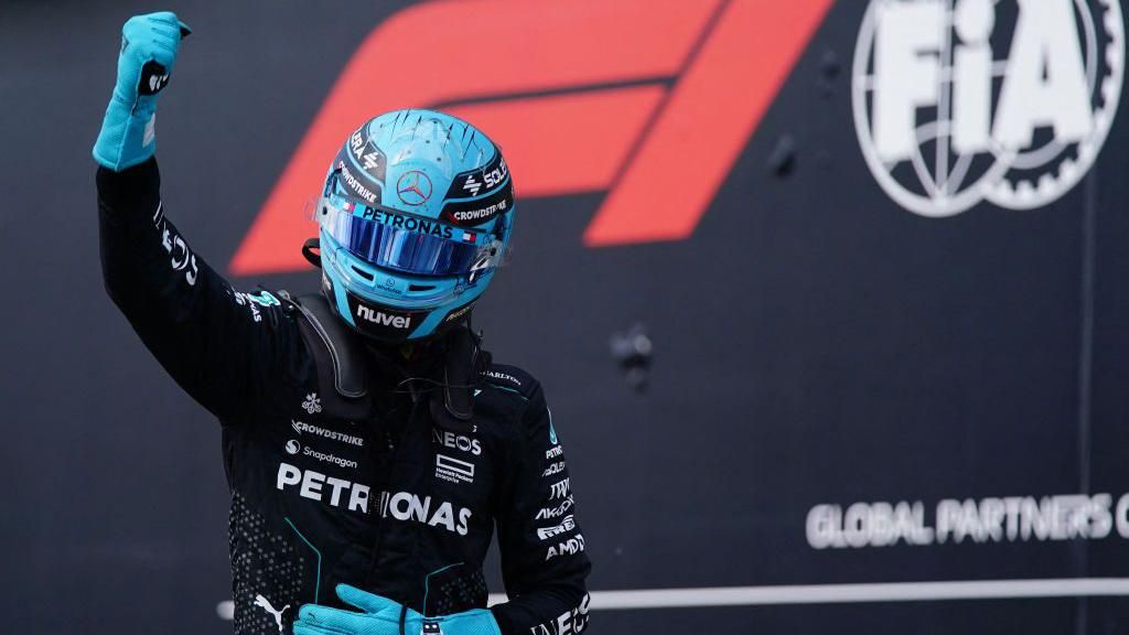 Mercedes' George Russell clenches his fist in celebration after taking pole for the Canadian Grand Prix