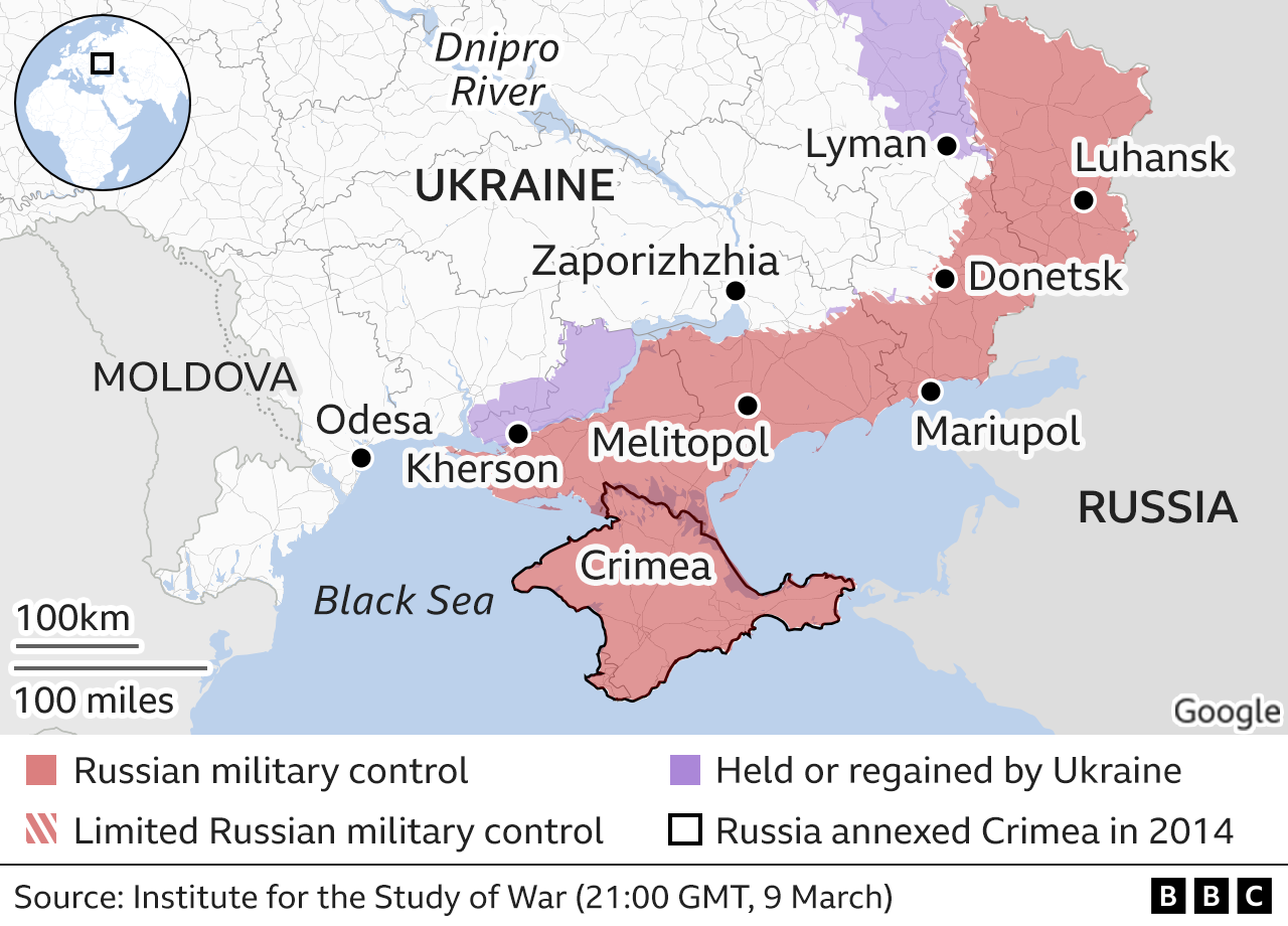 Карта, показывающая районы, находящиеся под контролем России и Украины на юге страны..