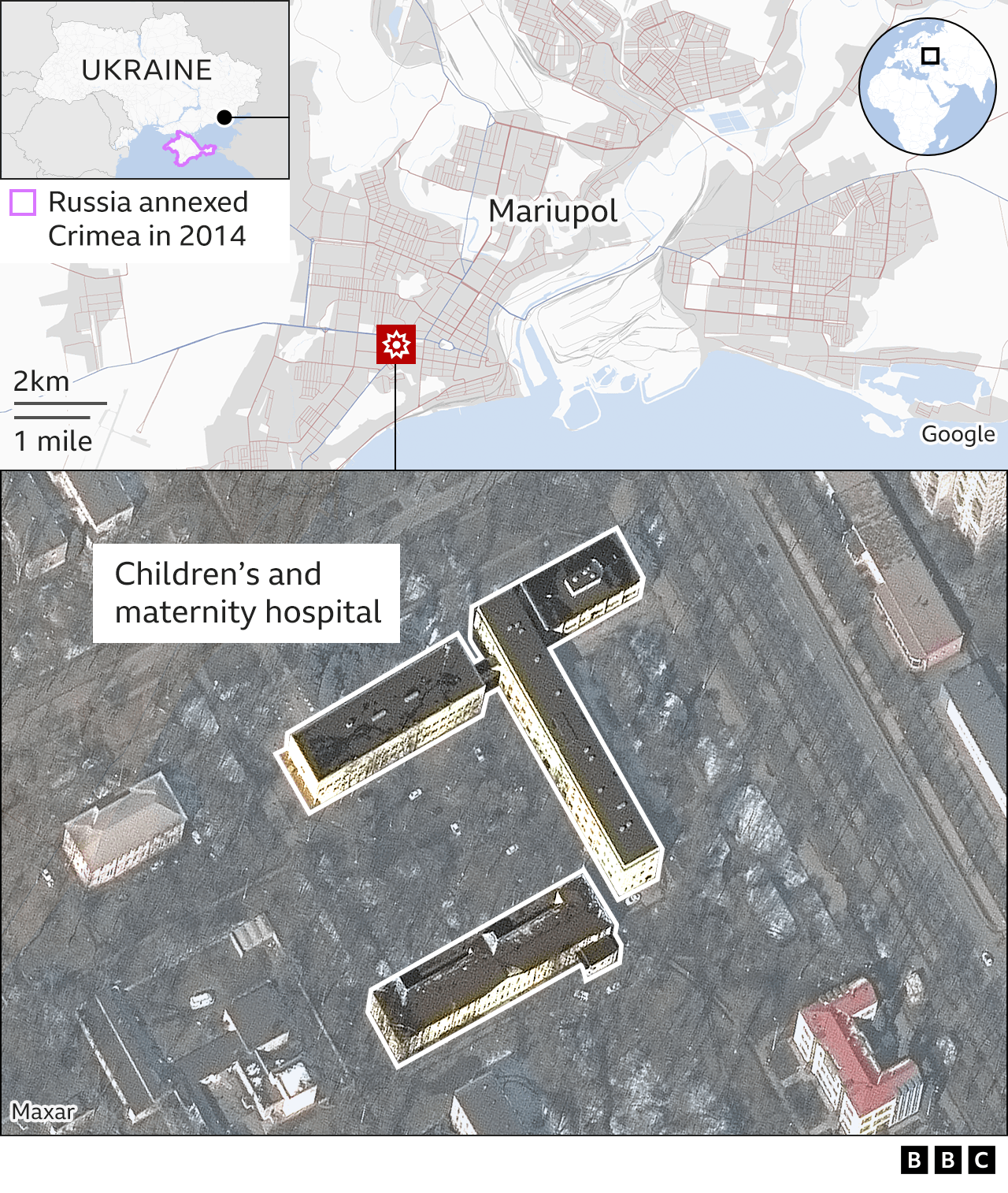 A map showing the children's hospital in Mariupol