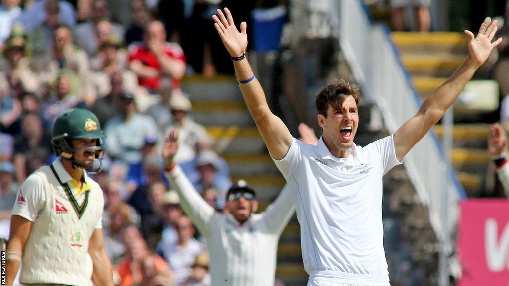 Steven Finn appeals for the wicket of Mitchell Starc in the 2015 Ashes Test at Edgbaston