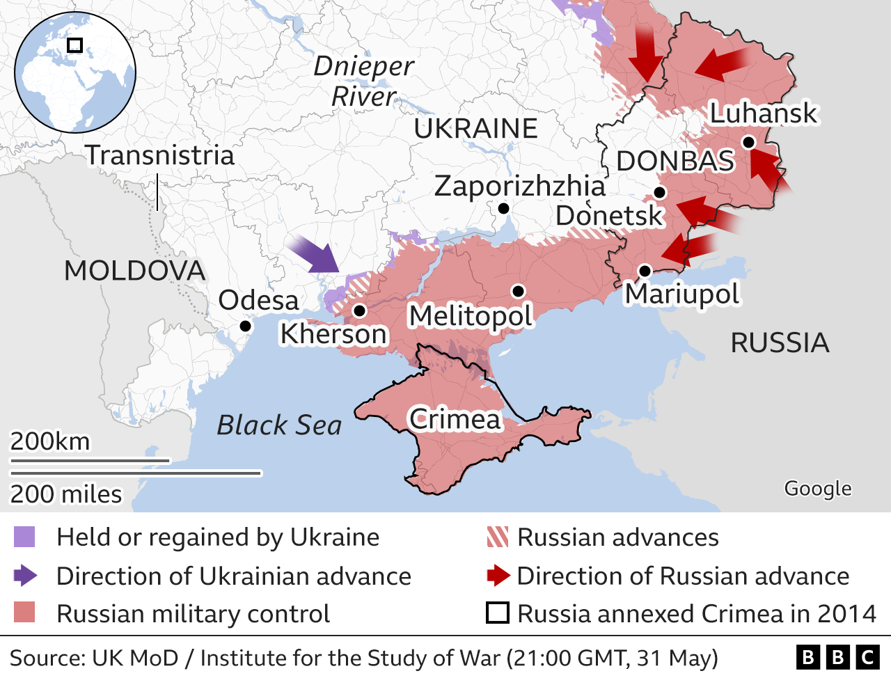 Map showing areas of southern Ukraine currently under Russian control, updated 1 June