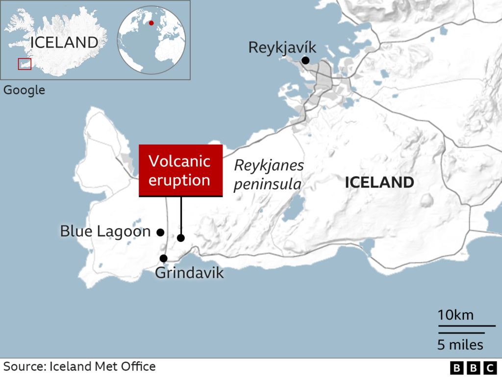 A map showing the location of the volcanic eruption, north of Grindavik