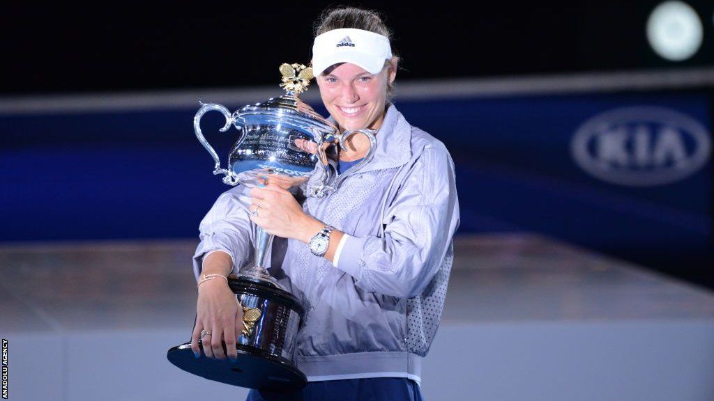 Caroline Wozniacki holding the Australian Open trophy