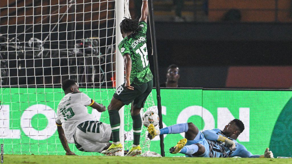 Ademola Lookman celebrates scoring for Nigeria against Cameroon at the 2023 Africa Cup of Nations
