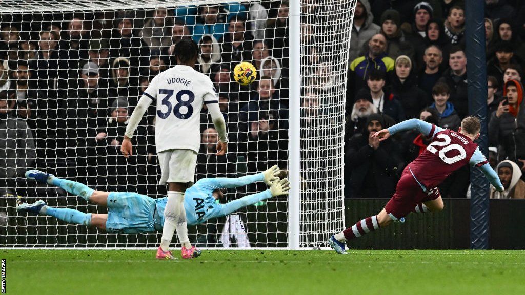 Jarrod Bowen smashes the ball into the Tottenham net