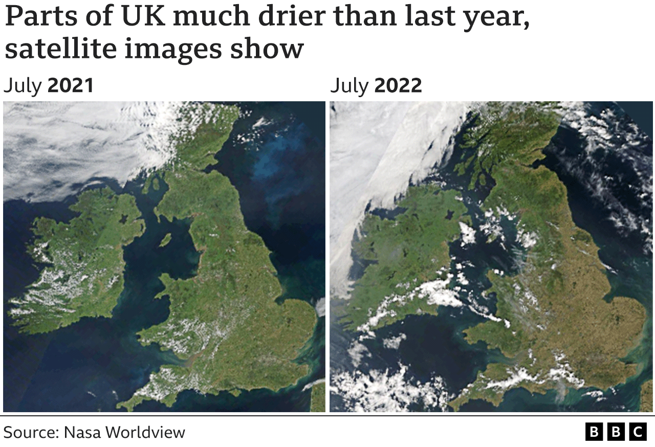 Satellite images showing the UK in July 2021 and July 2022