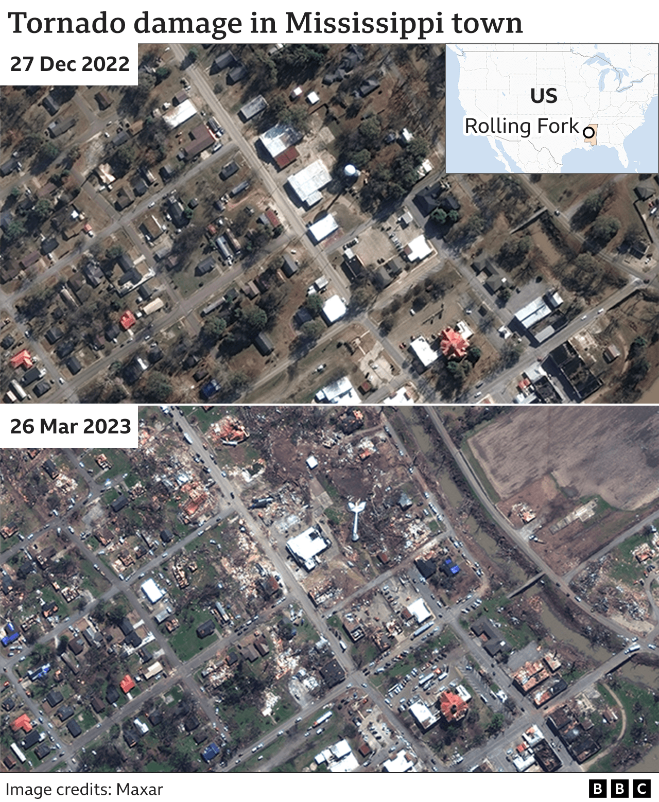 Satellite image before and after tornado