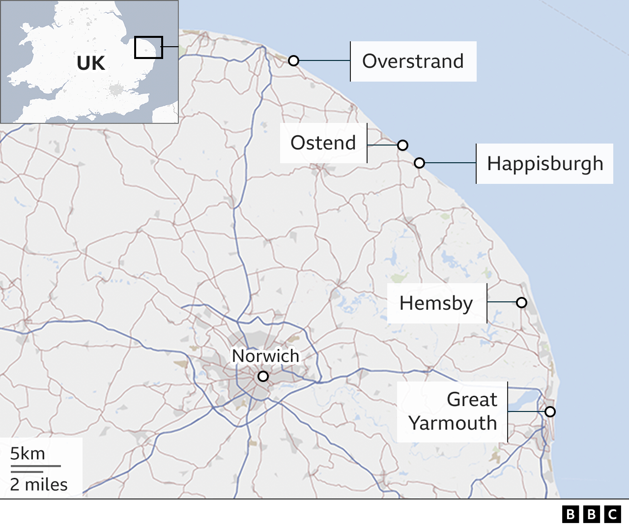 Map showing Happisburgh, Hemsby and Great Yarmouth