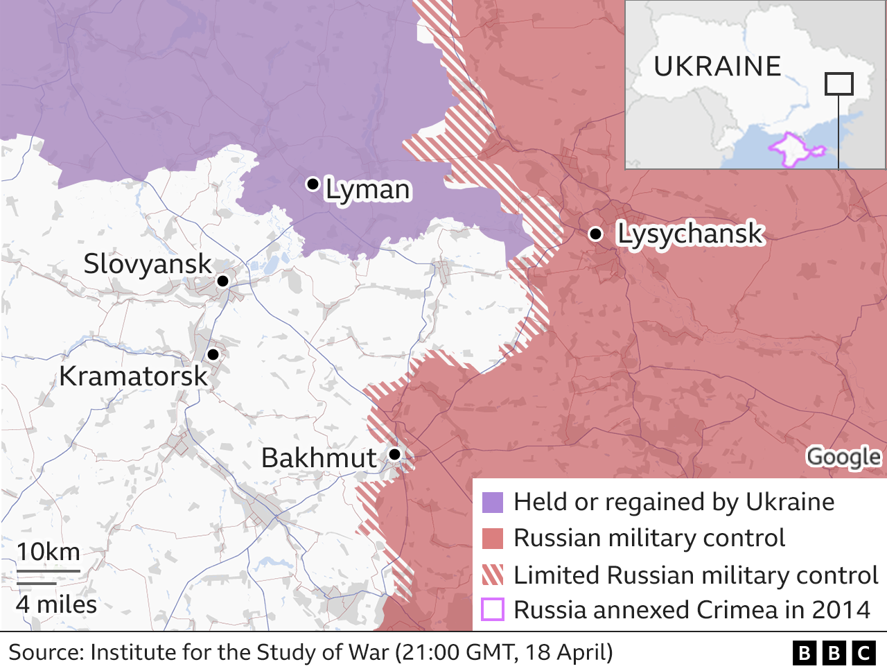 Map showing frontlines around Bakhmut