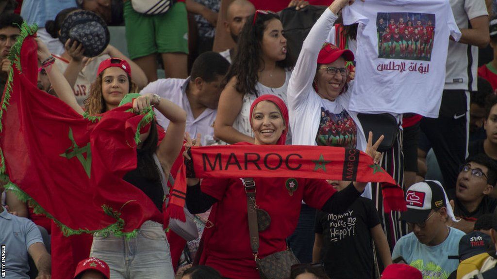 Morocco fans cheer on their women's side during a 2-1 defeat by South Africa in the 2022 Wafcon final
