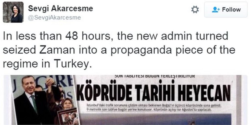 Tweet by former Zaman journalist Sevgi Akarcesme attacking her old paper's owners - 6 March 2016