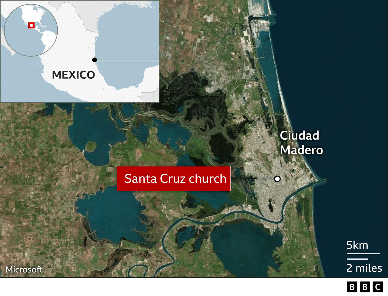Map showing the location of the church within Ciudad Madero in Mexico.
