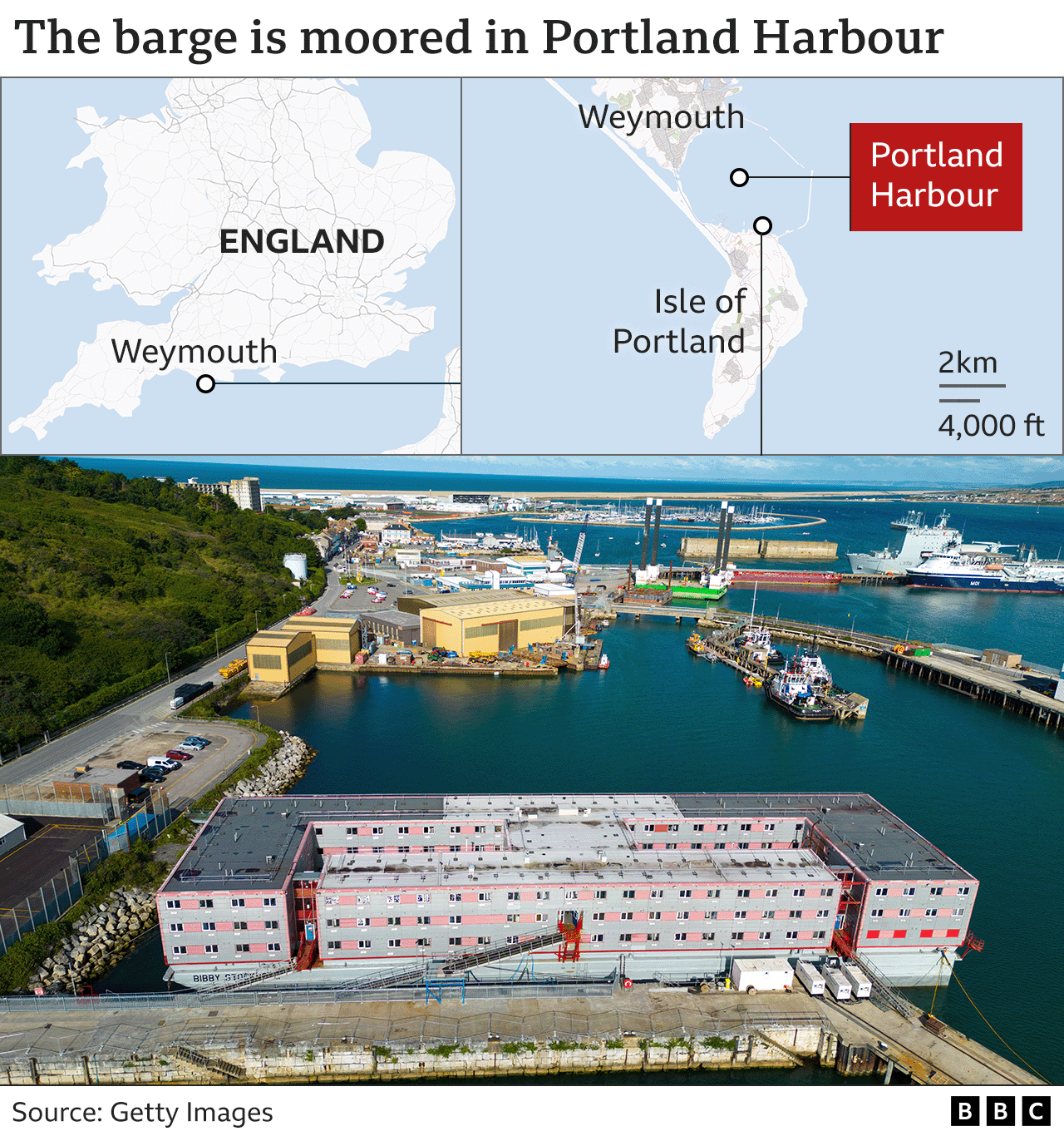 Map showing location of the Bibby Stockholm barge moored in Portland Harbour, Dorset