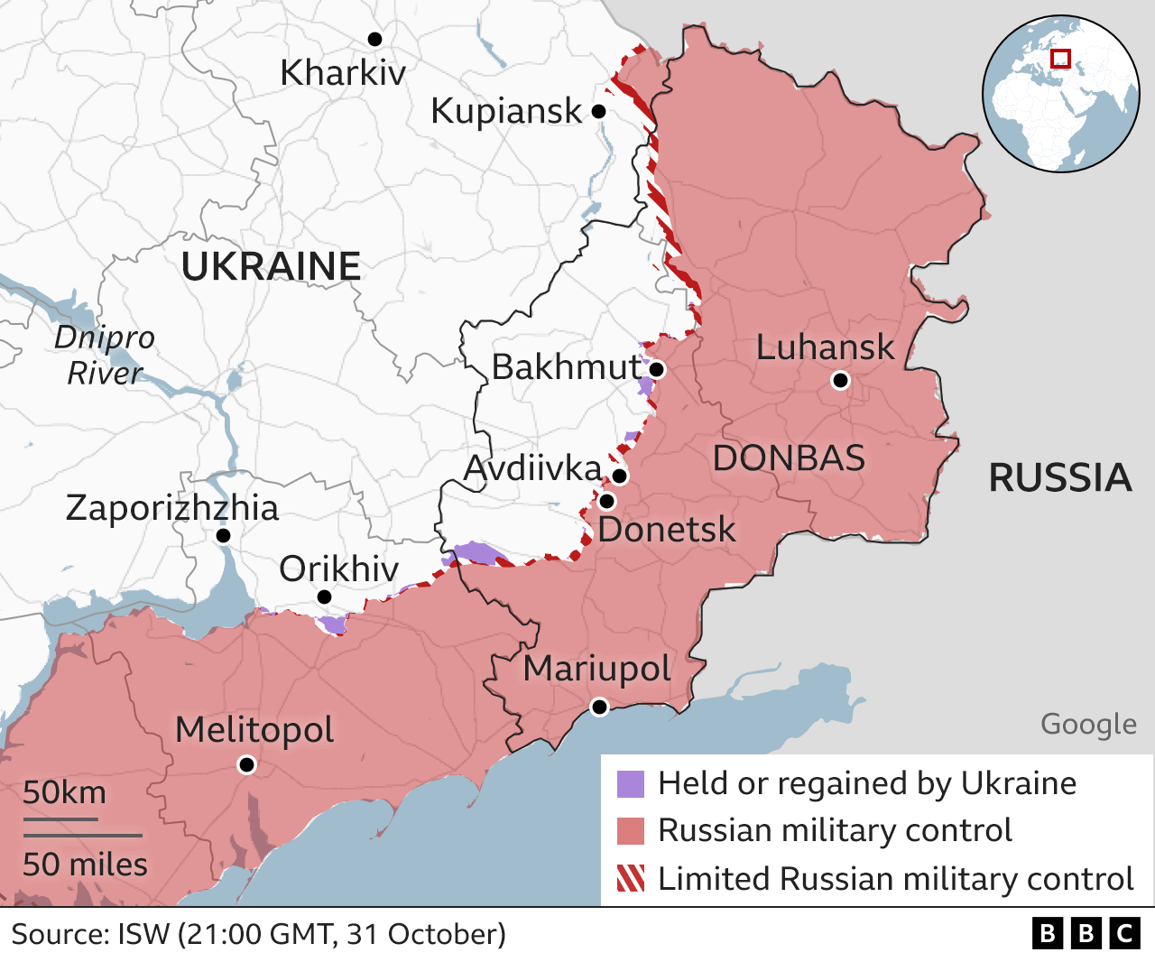Карта восточной и южной Украины с указанием зон контроля России и Украины. Запорожье находится на юге, на территории, контролируемой Украиной, хотя и недалеко от линии фронта