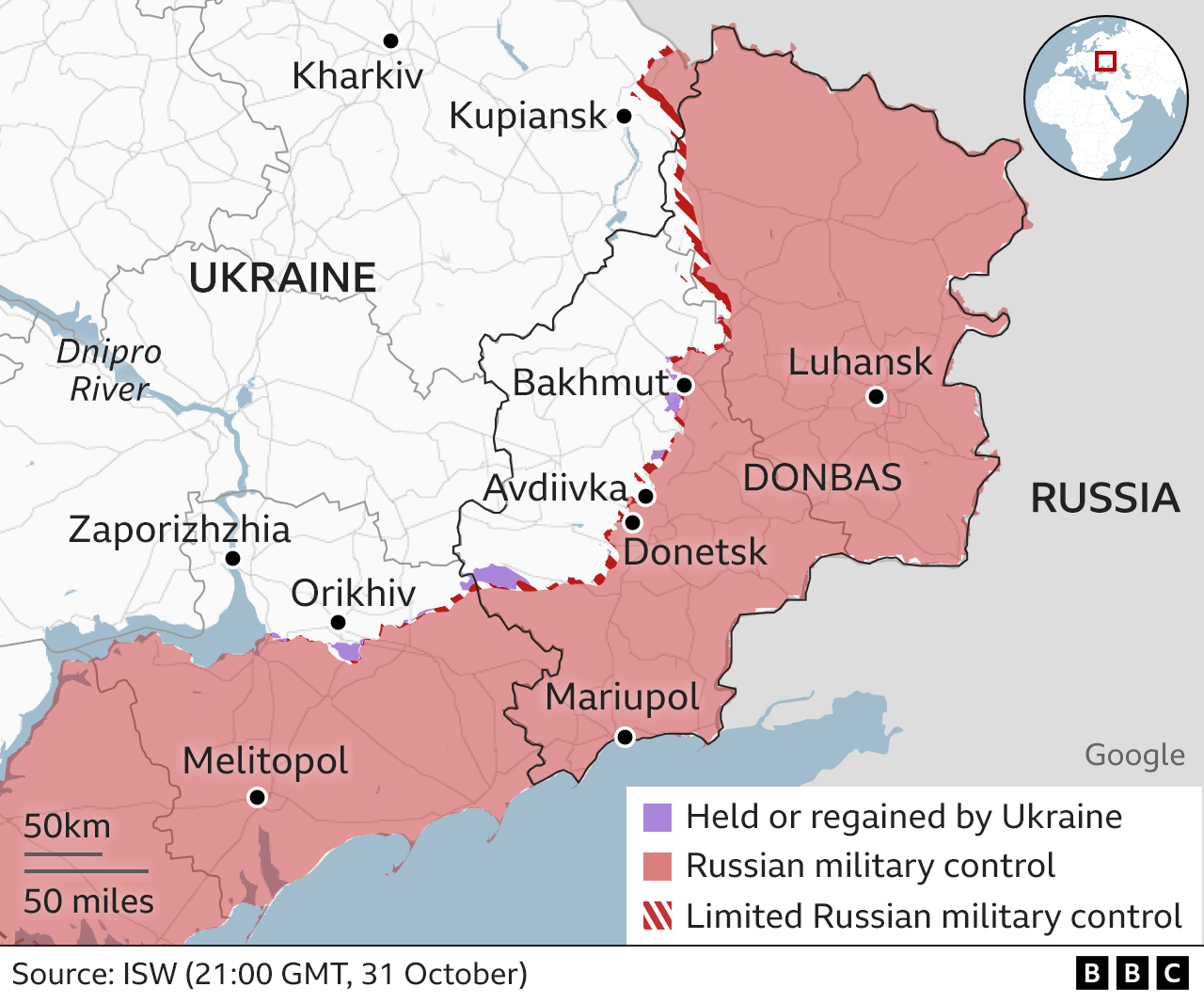 Map of eastern and southern Ukraine, showing Russian and Ukrainian areas of control. Zaporizhzhia is in the south, in a Ukrainian-held area, though not far from the front line