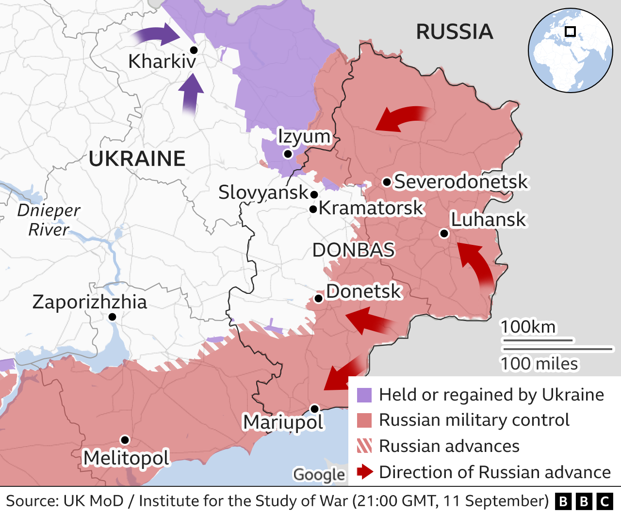 Map showing east Ukraine. 12 Sept