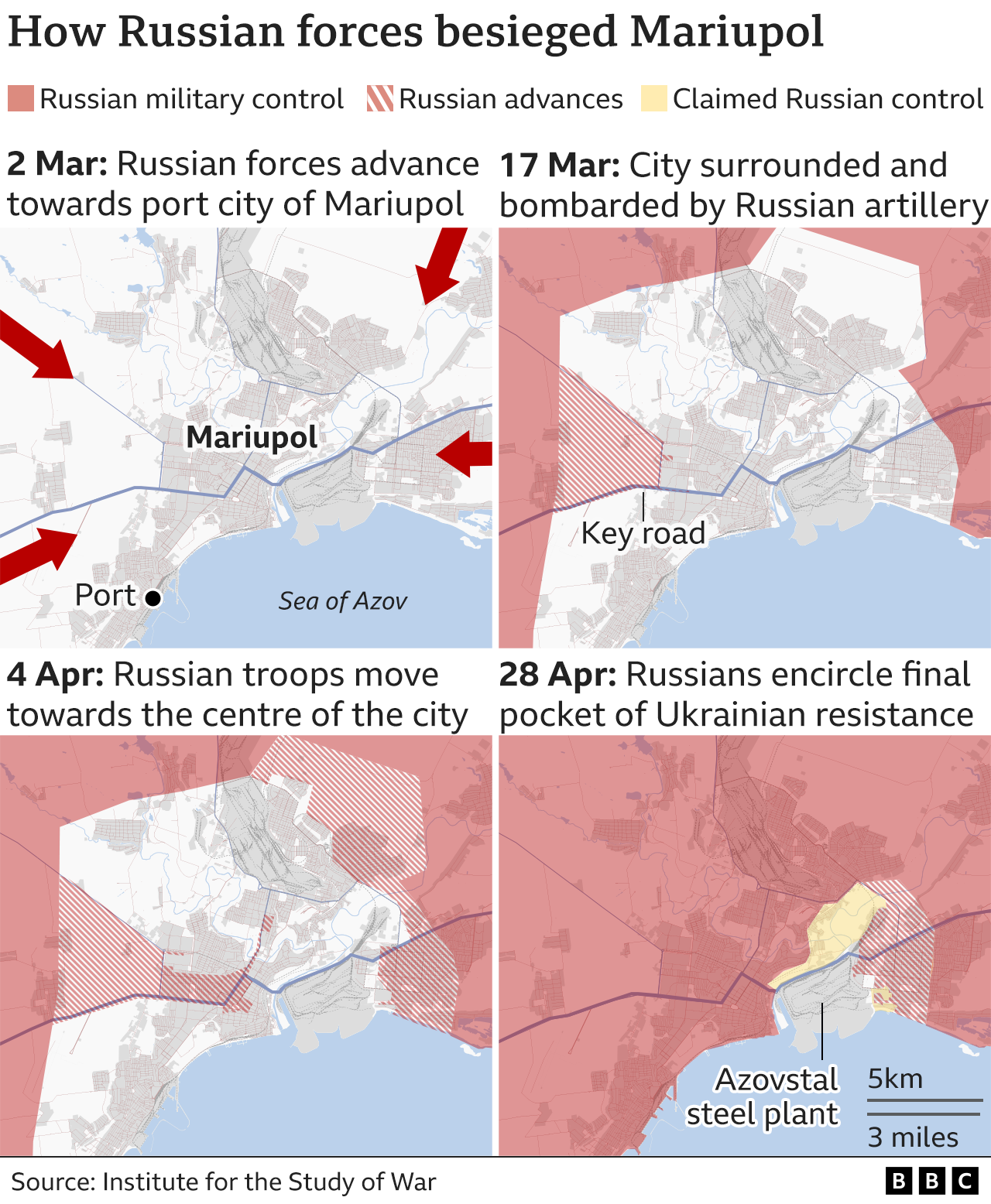 Four maps showing how Russian forces have besieged Mariupol
