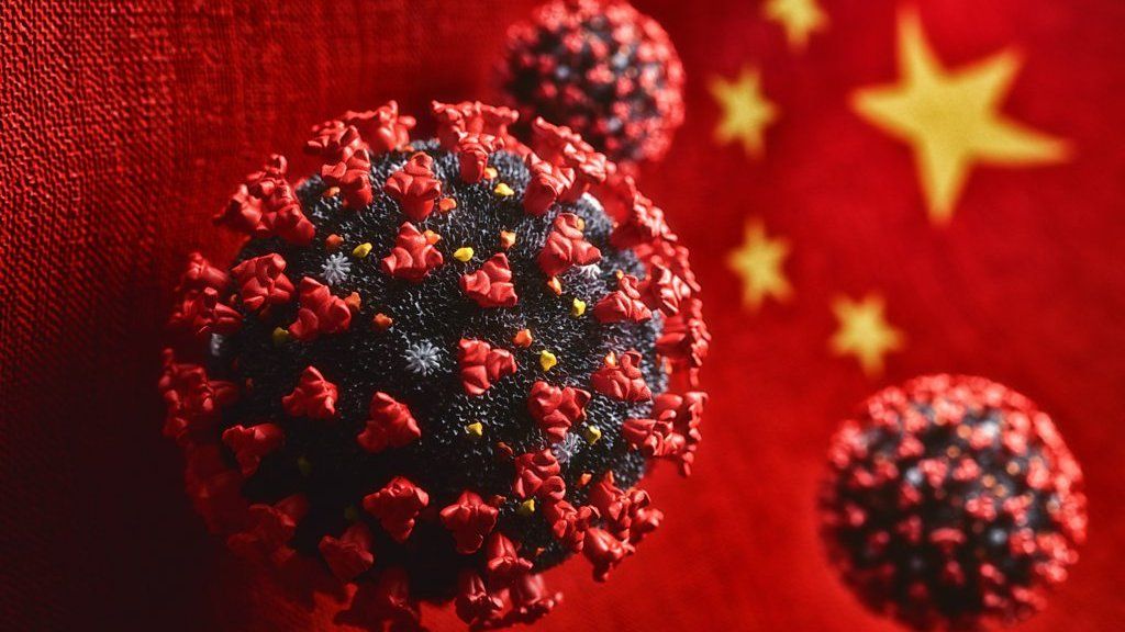 Graphic image of a virus and Chinese flag