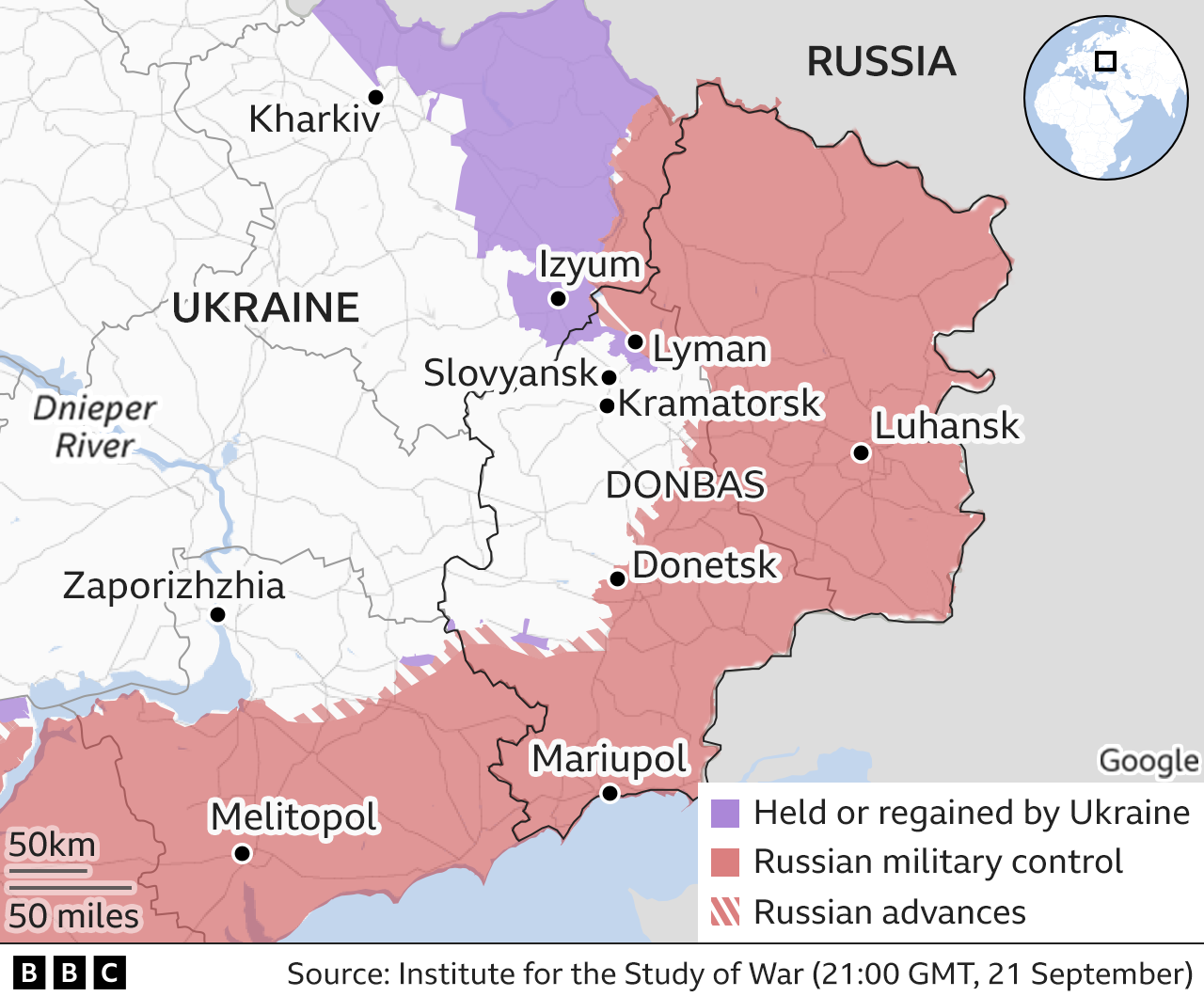 Map showing east Ukraine. Updated 22 Sept.