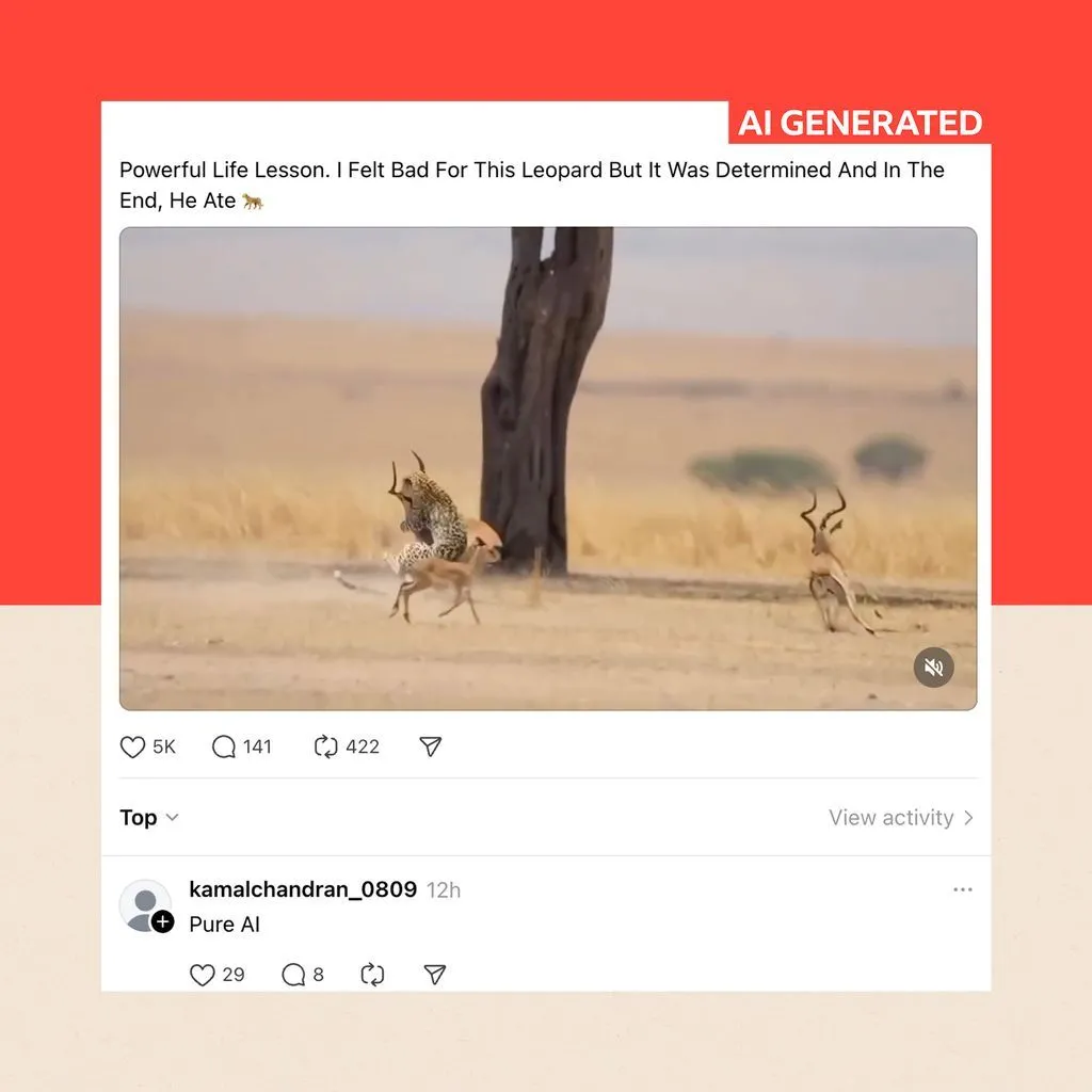 An AI-generated image, posted on Facebook, showing a fake leopard hunt; under it, a commenter writes 