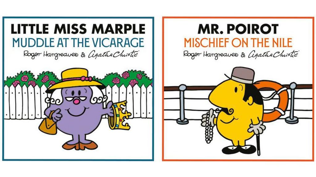 Miss Marple is purple and is wearing a hat, while Mr Poirot has his signature moustache, hat and cane.