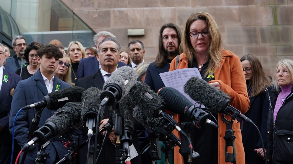 Emma Webber, mother of Barnaby Webber making a statement alongside relatives of the Nottingham attacks victims, outside Nottingham Crown Court in January 2024.