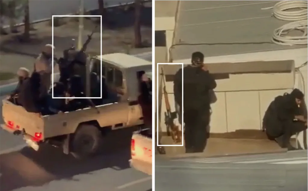 A composite image shows a machine gun mounted in the back of a white pickup truck (left) and a screen grab from a video verified by BBC News Persian of the 9 January protests in the north-eastern city of Mashhad, showing two figures in black tactical uniforms of the type worn by several branches of the security forces, including the Islamic Revolutionary Guard Corps, on a hotel rooftop, with a Dragunov sniper rifle (SVD) leaning against a wall.