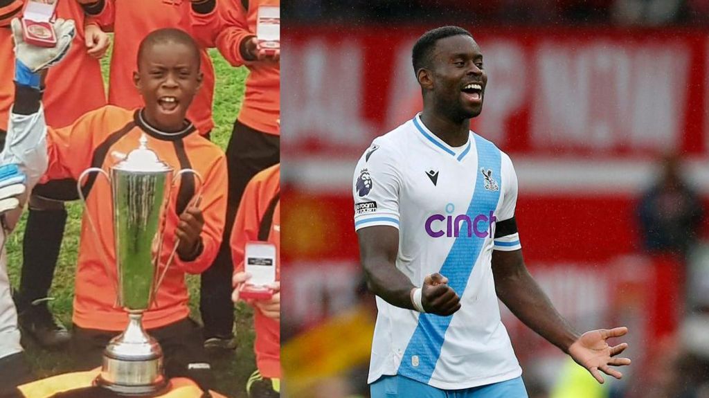 a split photo with Marc Guehi as a child on the left and an adult on the right - both pics show him celebrating a football success 