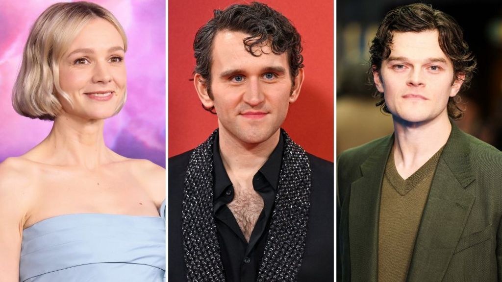 Left to right: Carey Mulligan, Harry Melling and Robert Aramyo