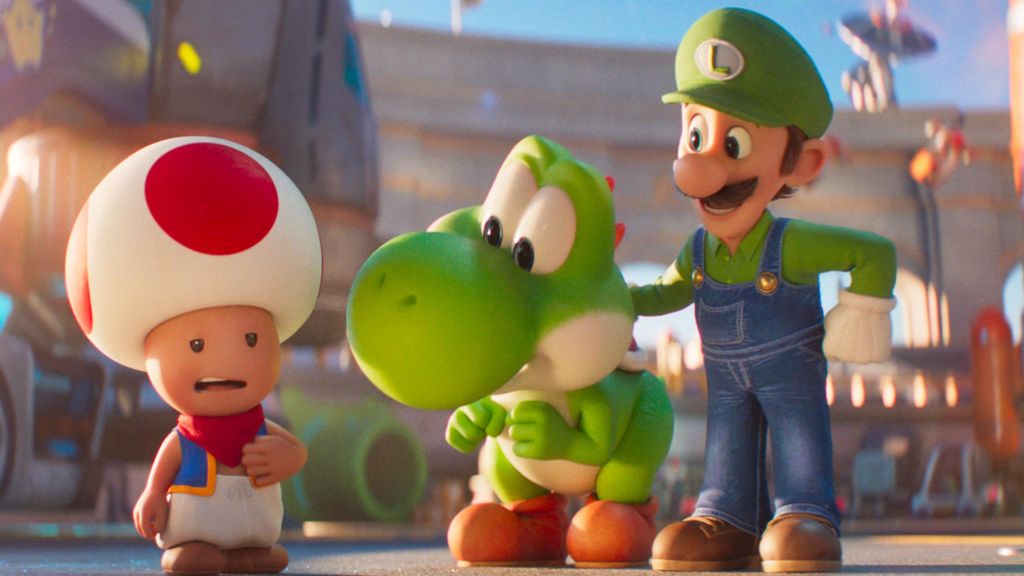 Cartoon character Toad; a human mushroom, he has a red and while hat, he is looking at Yoshi; a cartoon green dinosaur with orange shoes and Luigi; a cartoon man wearing a green cap with a white L and green long sleeved top and overalls, he has a mustache and blue eyes. 
