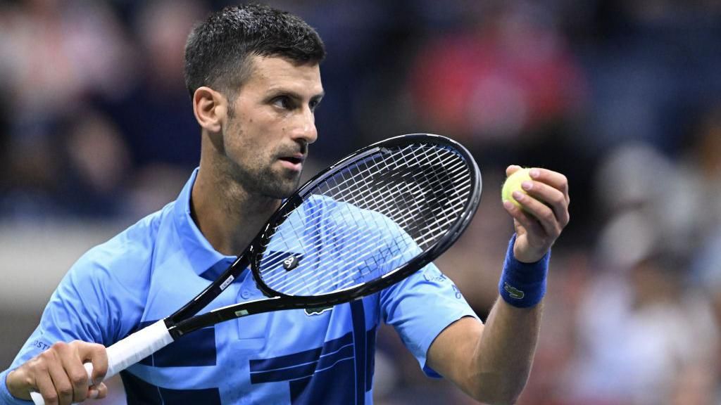 Novak Djokovic in first-round action at the US Open