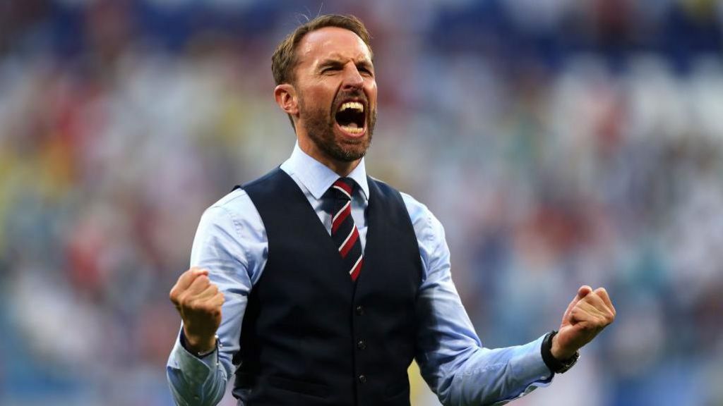 Gareth Southgate celebrates following victory during the 2018 FIFA World Cup Russia Quarter Final match between Sweden and England