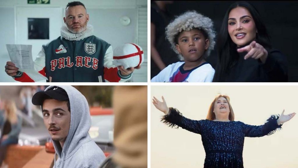 Wayne Rooney as William Shakespeare, Kim Kardashian and her son, Timothee Chalamet and Susan Boyle - in a four-way split picture. All images taken from prominent recent World Cup adjacent adverts