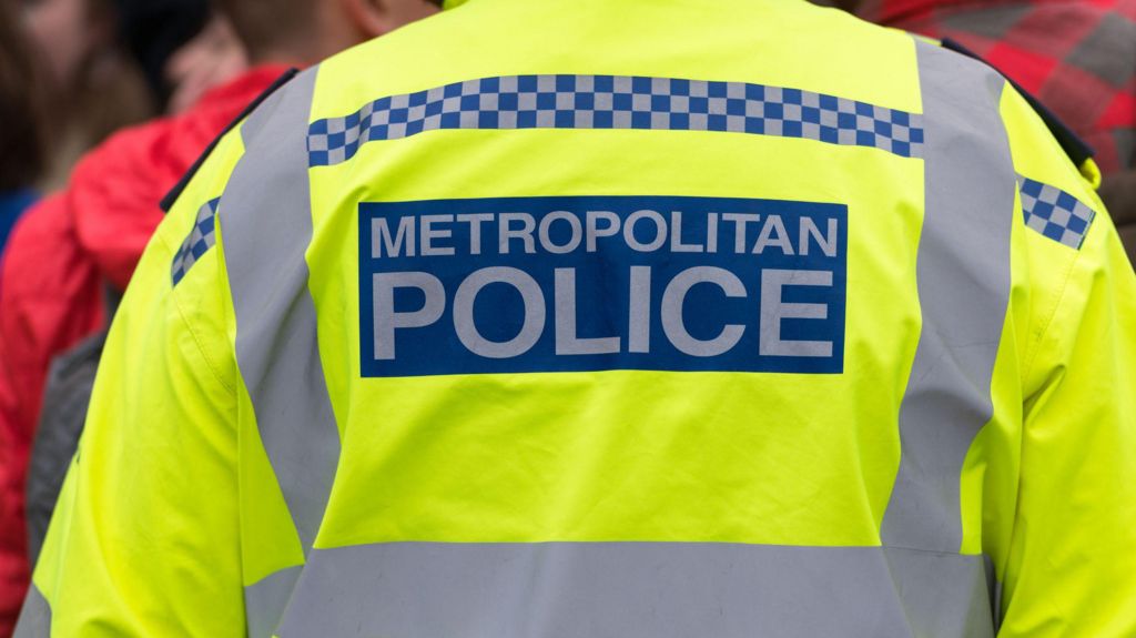 An stock image of the back of a police officer, whose yellow vest has a blue box with the word Metropolitan Police written on.