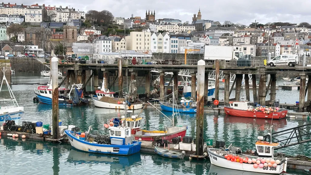Small boats on the harbour with buildings in the background