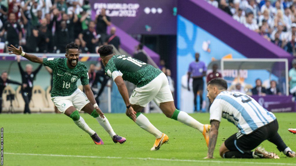 Saudi Arabia players celebrate scoring against Argentina
