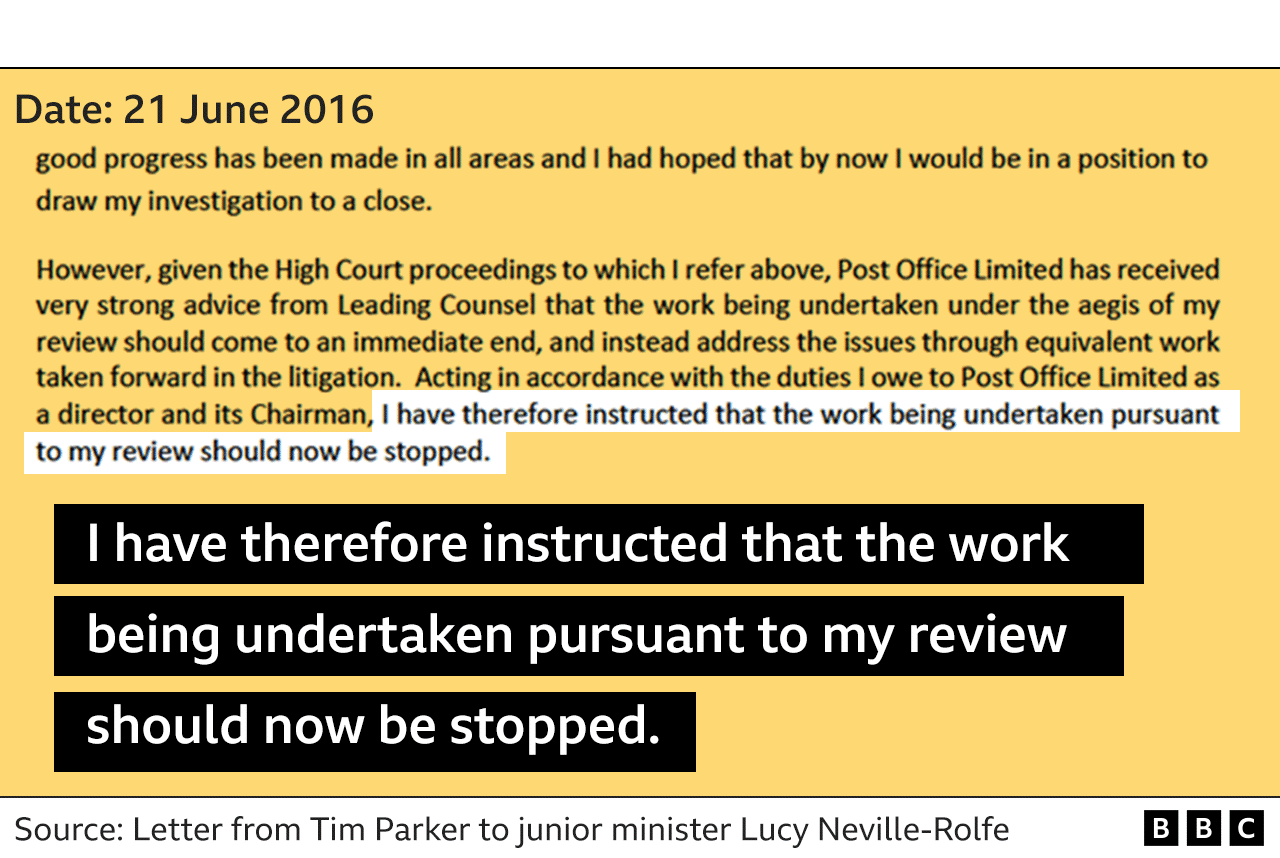 Graphic of letter from Tim Parker to Baroness Neville-Rolfe with highlighted text reading: "I have therefore instructed that the work being undertaken pursuant to my review should now be stopped."
