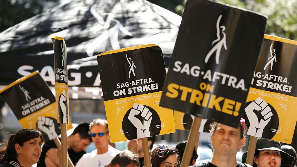 SAG-AFTRA members and supporters on the picket line as the SAG-AFTRA Union Strike continues in front of NBC Studios on August 31, 2023 in New York City. Members of SAG-AFTRA and WGA (Writers Guild of America) have both walked out in their first joint strike against the studios since 1960. The strike has shut down a majority of Hollywood productions with writers in the third month of their strike against the Hollywood studios.