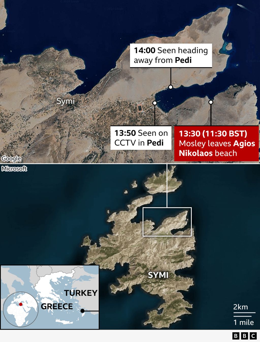 Map of Symi pointing out places where Dr Mosley was last seen