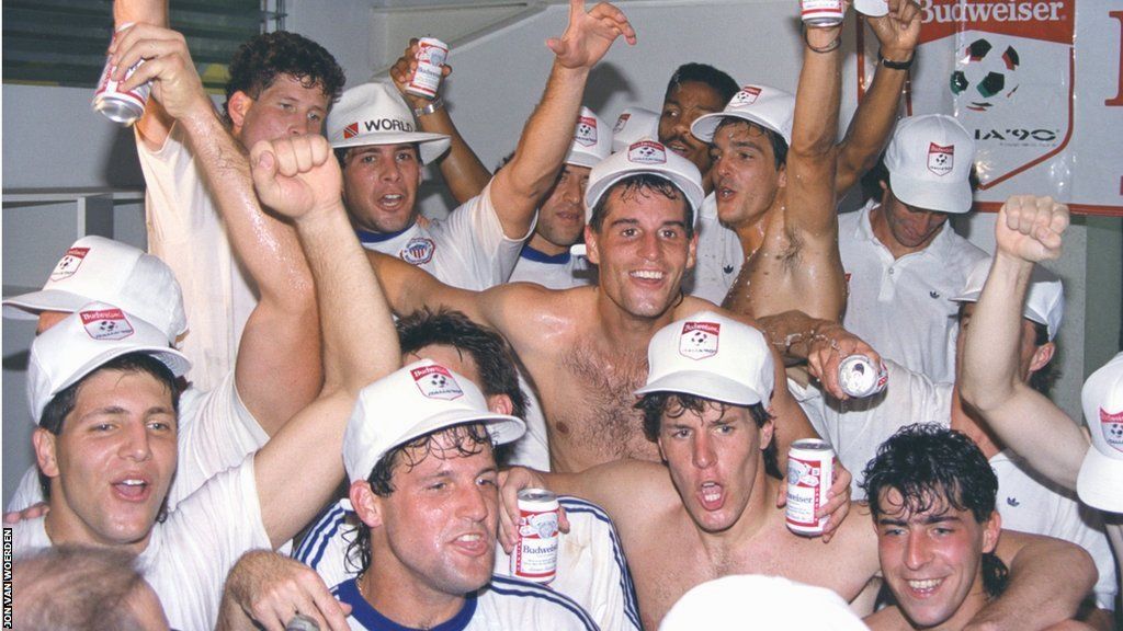 United States celebrate qualifying for the 1990 World Cup with victory over Trinidad and Tobago