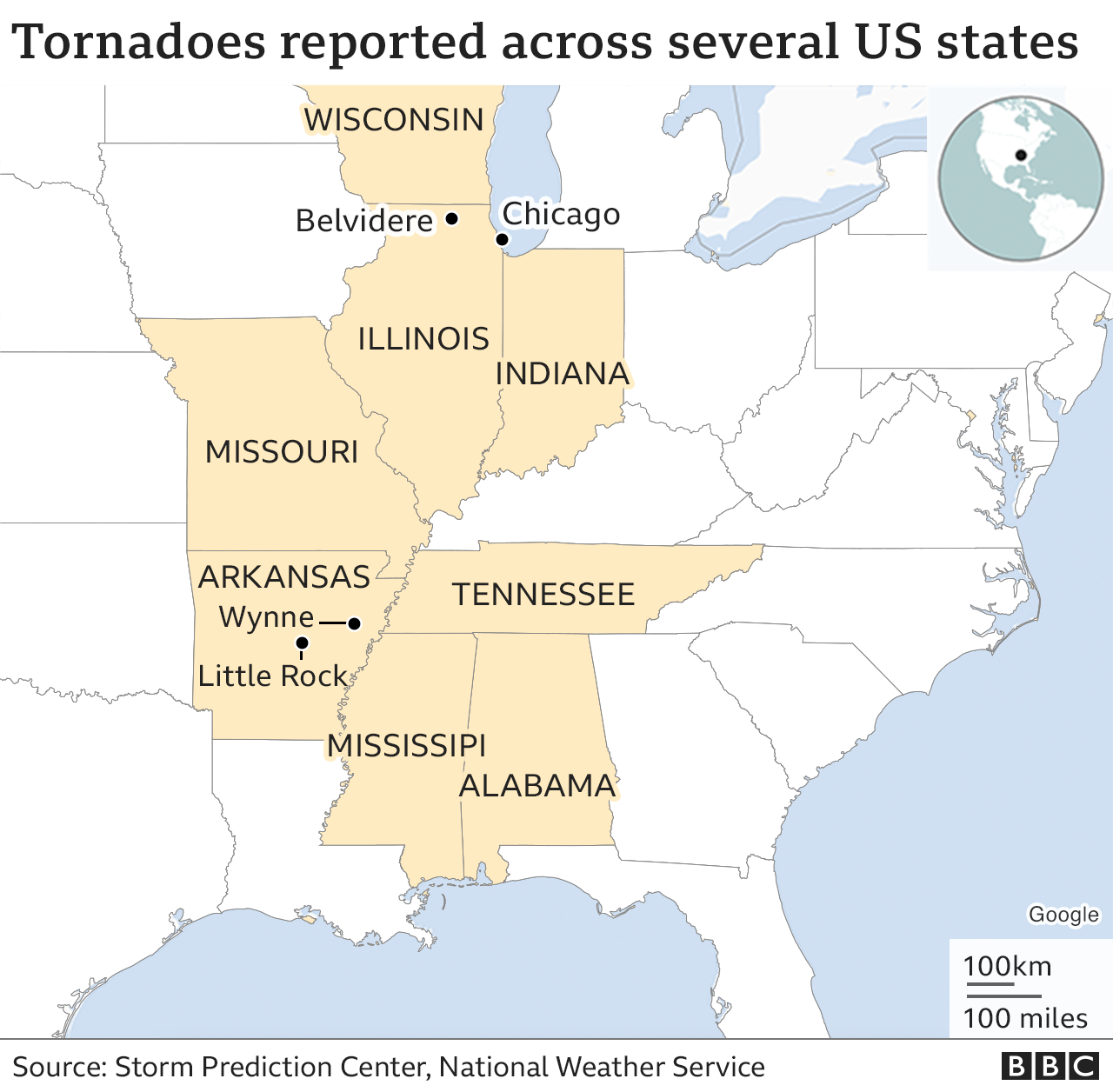 Map showing the states mainly affected by the story/ tornados