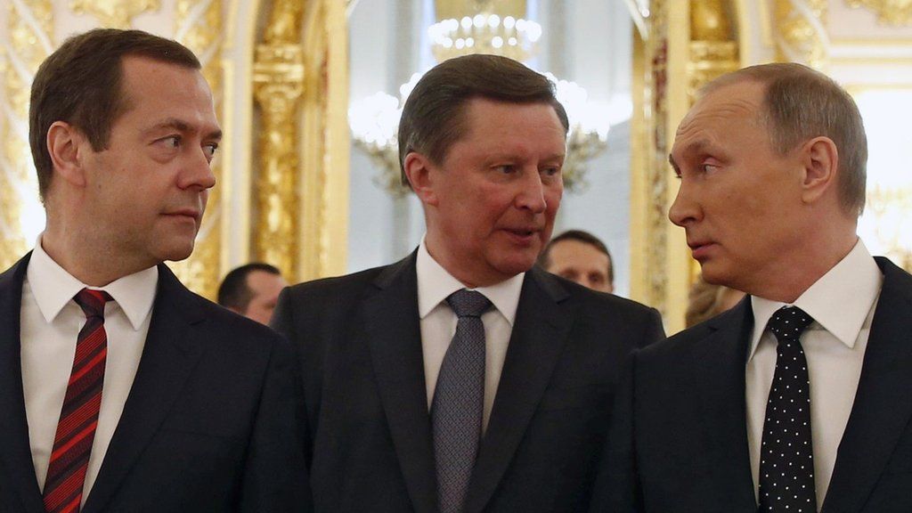 L-R: Dmitry Medvedev, Sergei Ivanov, Vladimir Putin