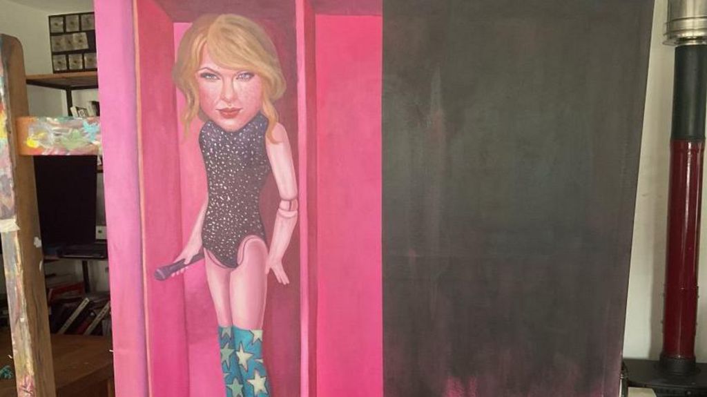 Michael Forbes painting of Taylor Swift with part of the artwork painted over in black
