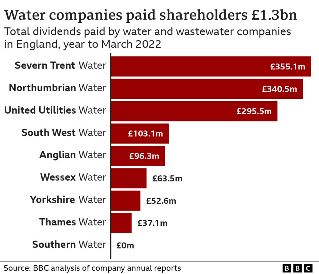 Chart showing dividends paid to shareholders by each of the water companies in 2022