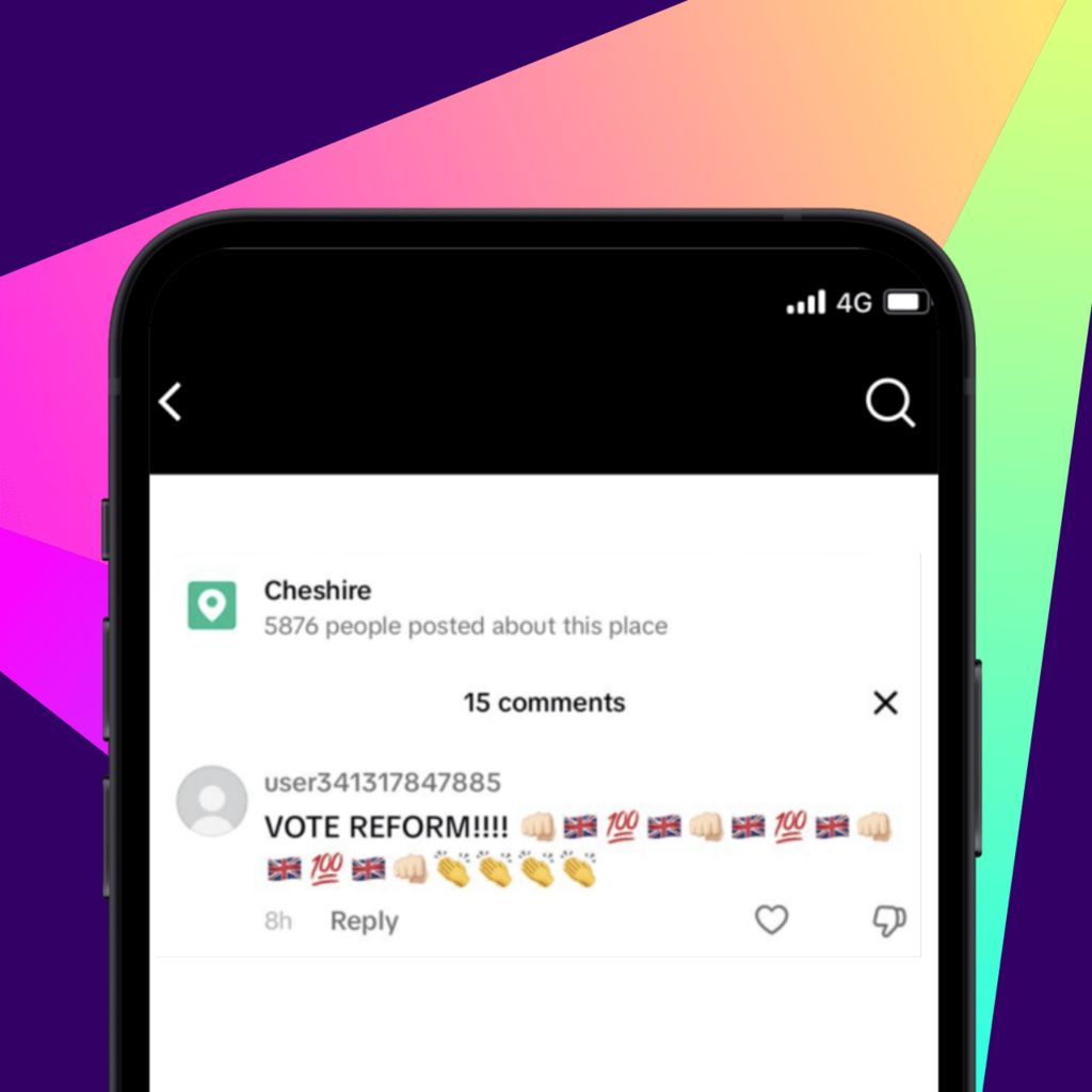 A graphic showing a phone with a screenshot of a comment by "user341317847885" saying "VOTE REFORM!!!!" with multiple emojis, including the Union Flag